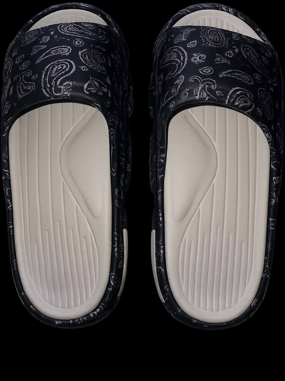 Black Paisley Slide Sandals with Cream Footbed